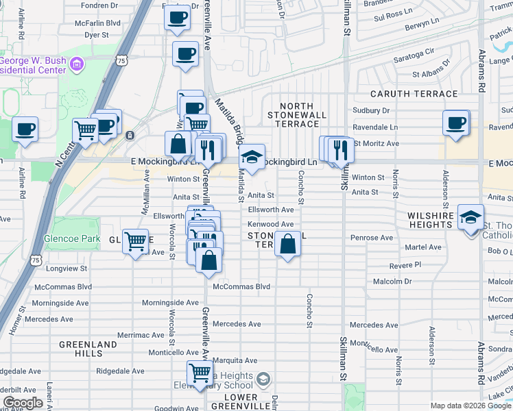 map of restaurants, bars, coffee shops, grocery stores, and more near 5829 Kenwood Avenue in Dallas
