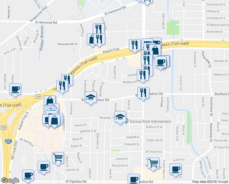 map of restaurants, bars, coffee shops, grocery stores, and more near 850 W Bedford Euless Rd in Hurst