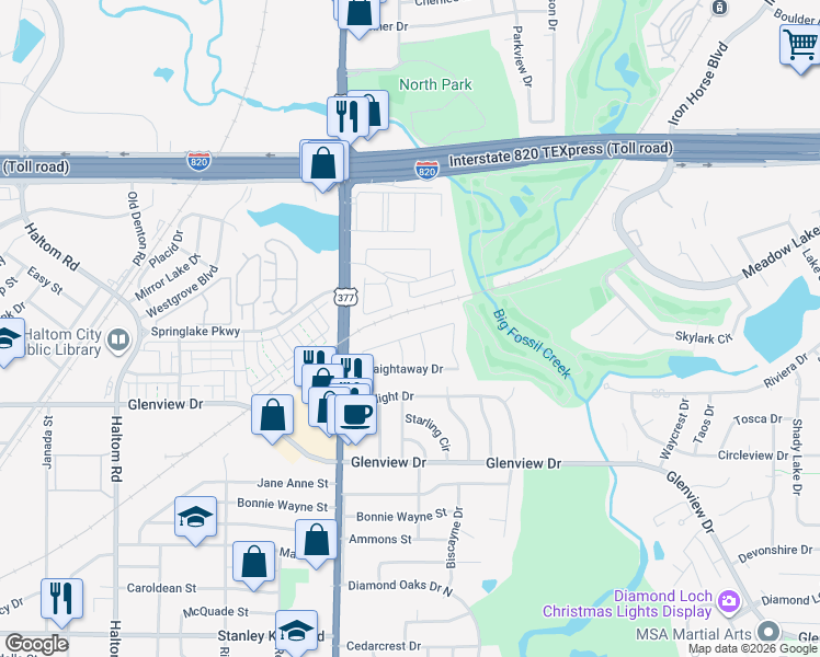 map of restaurants, bars, coffee shops, grocery stores, and more near 4808 Tee Drive in Fort Worth