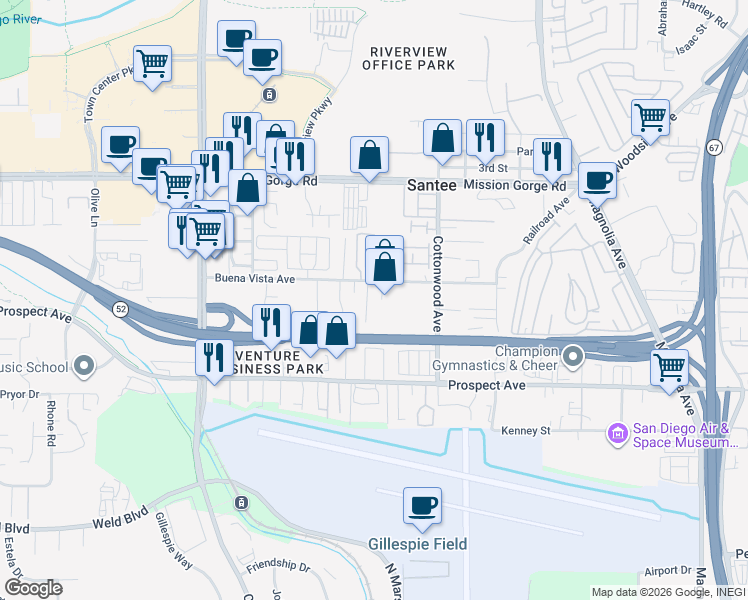 map of restaurants, bars, coffee shops, grocery stores, and more near 8743 Buena Valley Drive in Santee