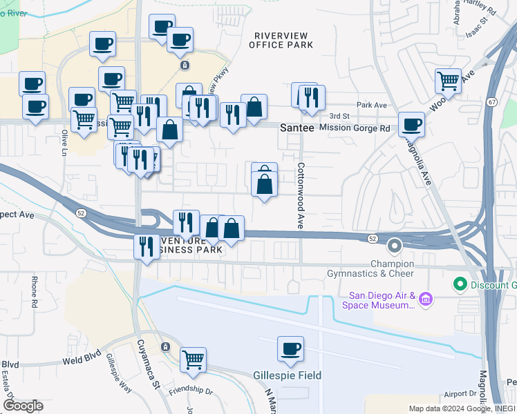 map of restaurants, bars, coffee shops, grocery stores, and more near 8743 Buena Valley Drive in Santee