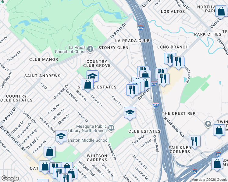 map of restaurants, bars, coffee shops, grocery stores, and more near 4750 Snow Drive in Mesquite