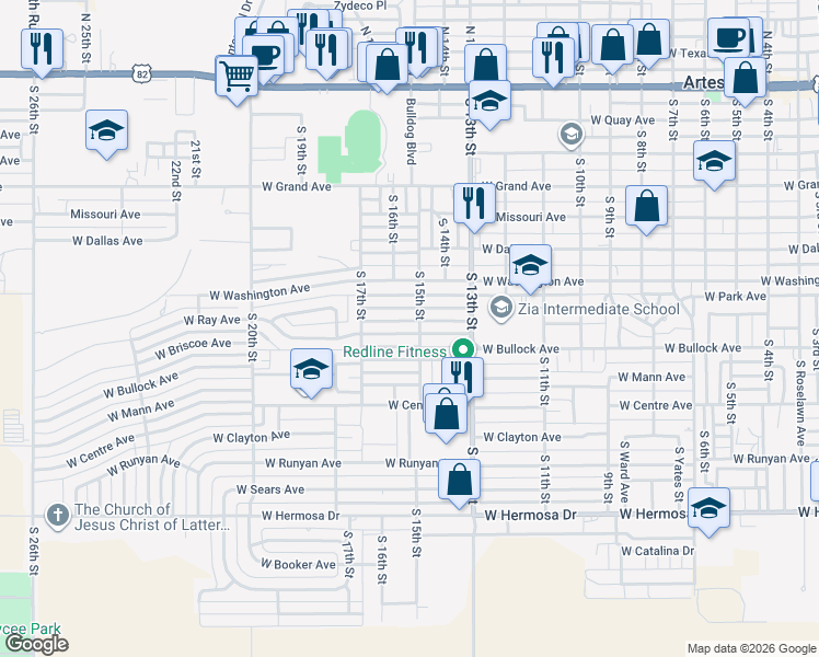 map of restaurants, bars, coffee shops, grocery stores, and more near 1502 West Bullock Avenue in Artesia