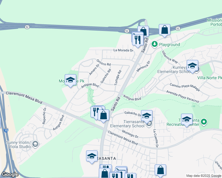 map of restaurants, bars, coffee shops, grocery stores, and more near 5848 Antigua Boulevard in San Diego
