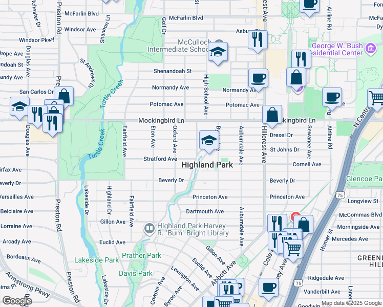 map of restaurants, bars, coffee shops, grocery stores, and more near 3641 Stratford Avenue in Dallas