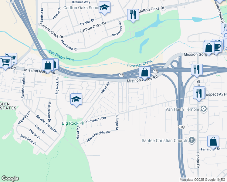 map of restaurants, bars, coffee shops, grocery stores, and more near 8546 Graham Terrace in Santee
