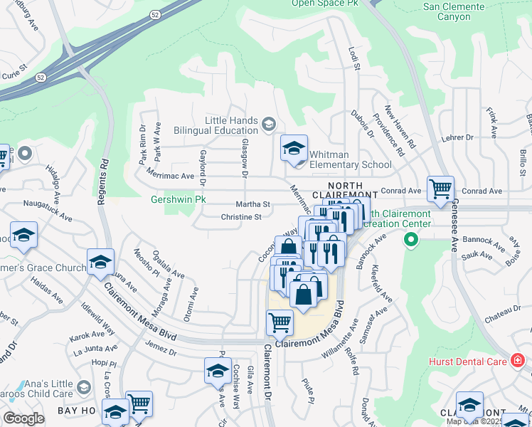 map of restaurants, bars, coffee shops, grocery stores, and more near 3762 Christine Street in San Diego