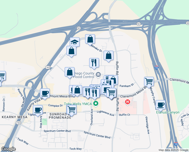 map of restaurants, bars, coffee shops, grocery stores, and more near 5600 Overland Avenue in San Diego