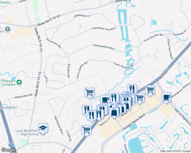 map of restaurants, bars, coffee shops, grocery stores, and more near 843 Ramblewood Circle in Mount Pleasant
