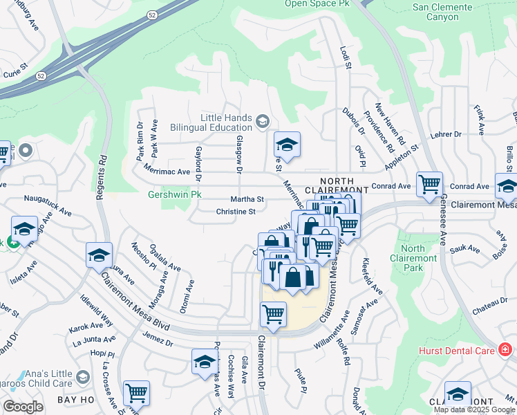 map of restaurants, bars, coffee shops, grocery stores, and more near 3762 Christine Street in San Diego