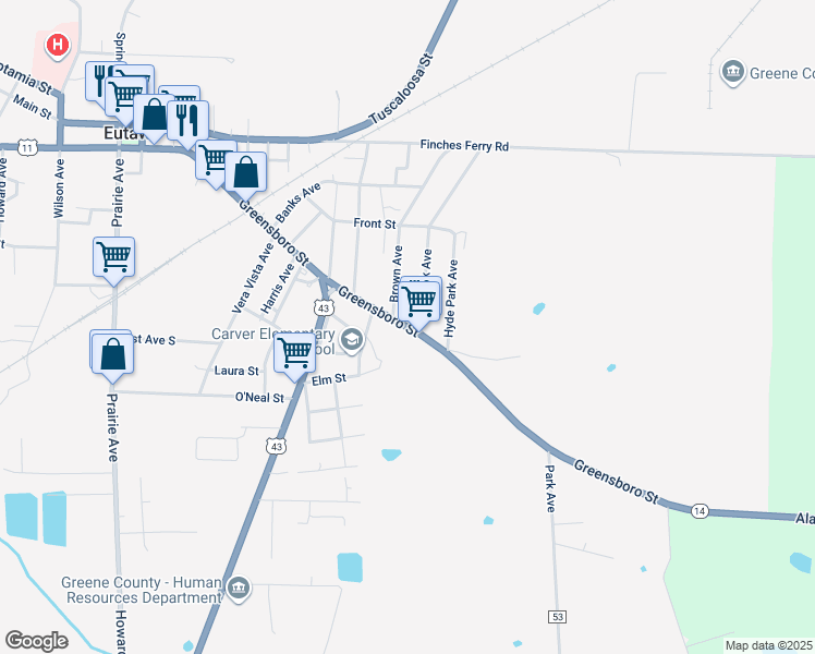 map of restaurants, bars, coffee shops, grocery stores, and more near Greensboro Street in Eutaw