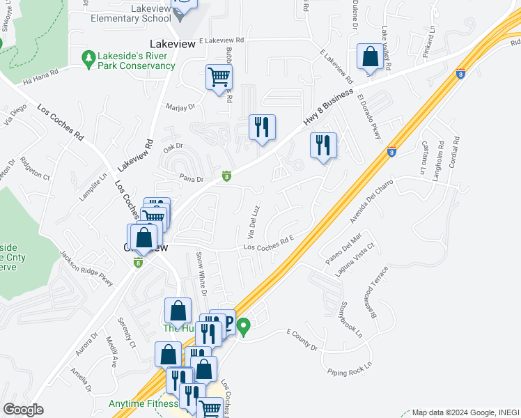 map of restaurants, bars, coffee shops, grocery stores, and more near 8677 Via Del Luz in El Cajon