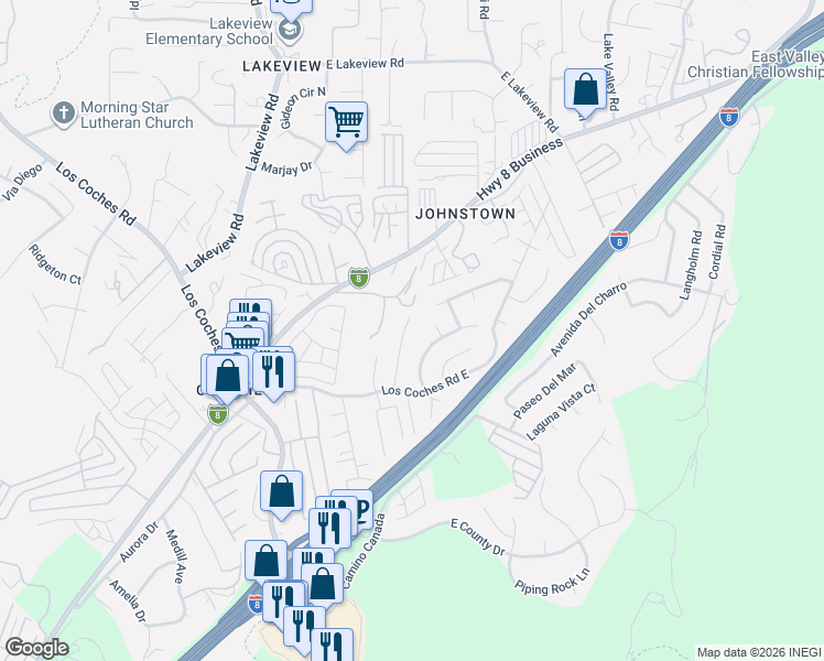 map of restaurants, bars, coffee shops, grocery stores, and more near 13423 Interstate 8 Business Loop in El Cajon