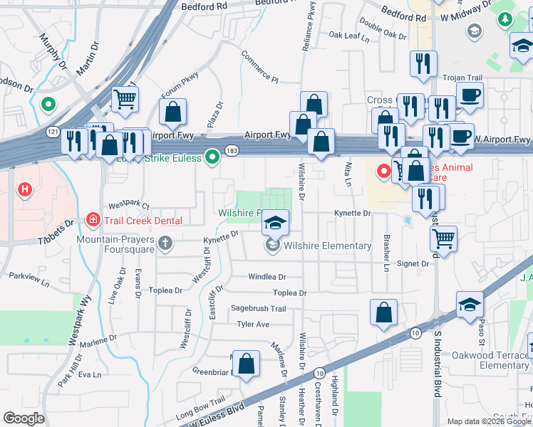 map of restaurants, bars, coffee shops, grocery stores, and more near 212 Knapford Station in Euless