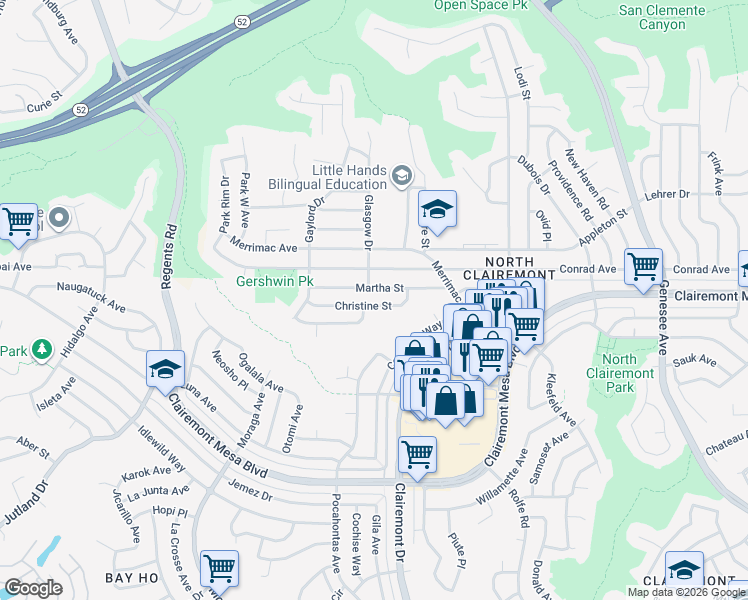 map of restaurants, bars, coffee shops, grocery stores, and more near 3716 Martha Street in San Diego