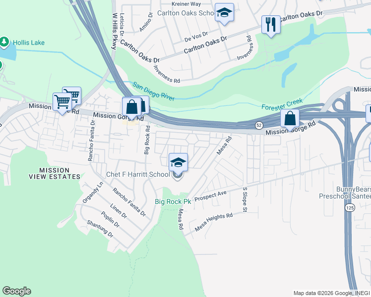 map of restaurants, bars, coffee shops, grocery stores, and more near 8301 Mission Gorge Road in Santee