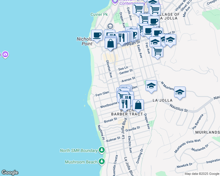 map of restaurants, bars, coffee shops, grocery stores, and more near 7125 Monte Vista Avenue in San Diego
