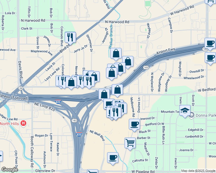 map of restaurants, bars, coffee shops, grocery stores, and more near 9001 Airport Freeway in North Richland Hills