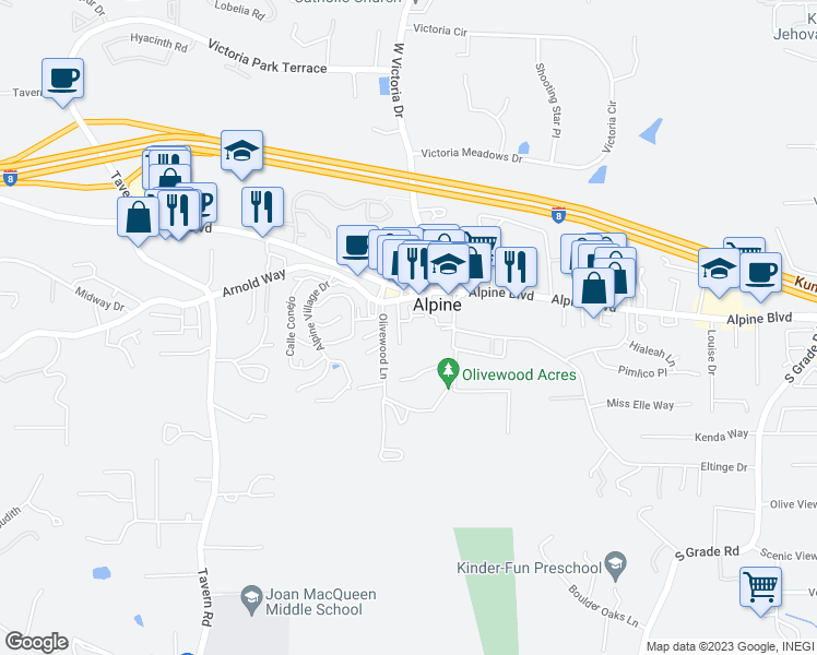 map of restaurants, bars, coffee shops, grocery stores, and more near 2153 Arnold Way in Alpine