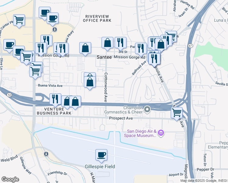 map of restaurants, bars, coffee shops, grocery stores, and more near 8749 Cottonwood Avenue in Santee