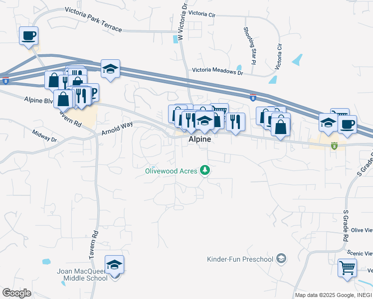 map of restaurants, bars, coffee shops, grocery stores, and more near 2157 Arnold Way in Alpine