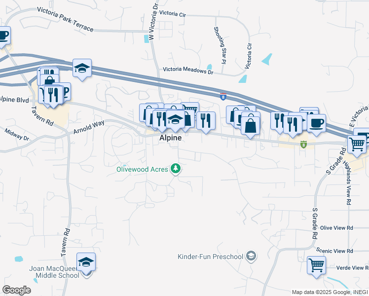 map of restaurants, bars, coffee shops, grocery stores, and more near 2327 Alpine Boulevard in Alpine