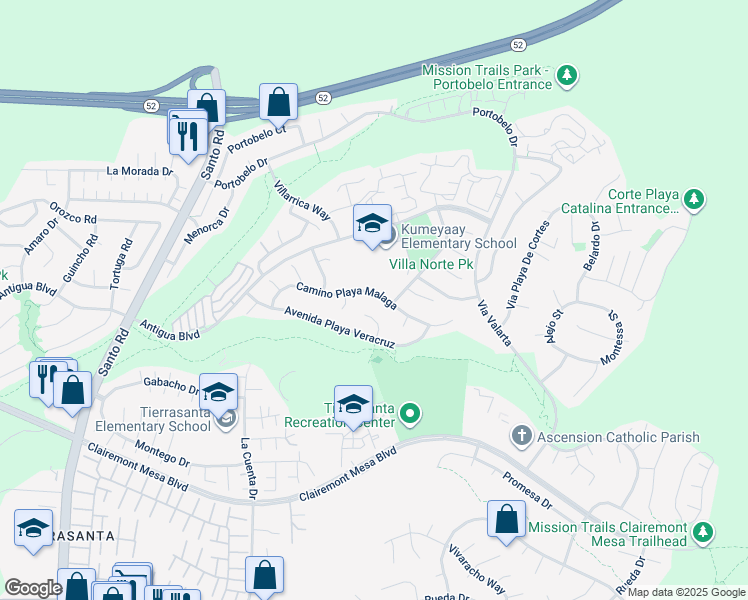 map of restaurants, bars, coffee shops, grocery stores, and more near 5272 Camino Playa Malaga in San Diego