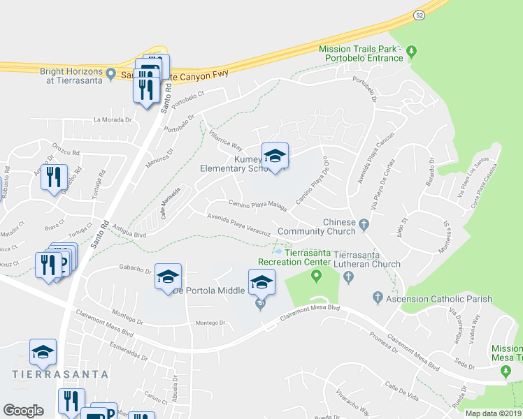 map of restaurants, bars, coffee shops, grocery stores, and more near 5222 Camino Playa Malaga in San Diego