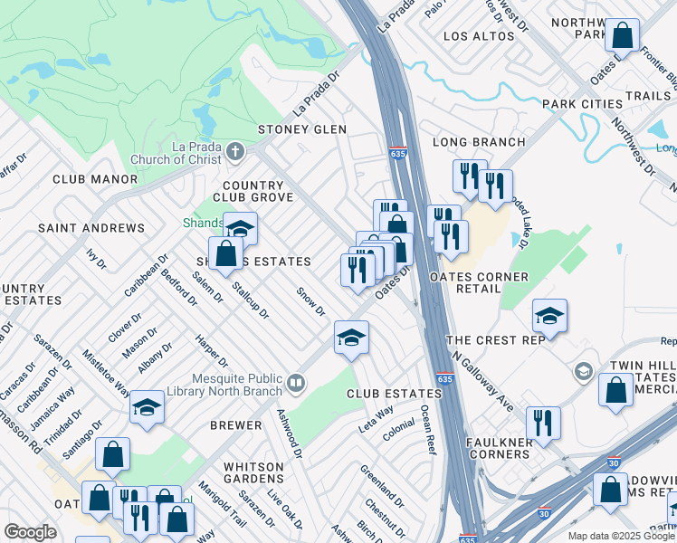 map of restaurants, bars, coffee shops, grocery stores, and more near 5309 North Galloway Avenue in Mesquite