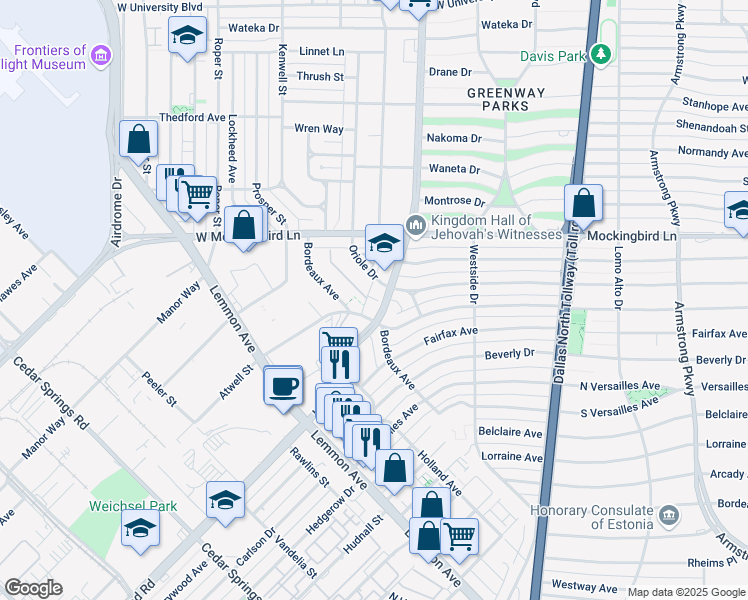 map of restaurants, bars, coffee shops, grocery stores, and more near 6353 Oriole Drive in Dallas