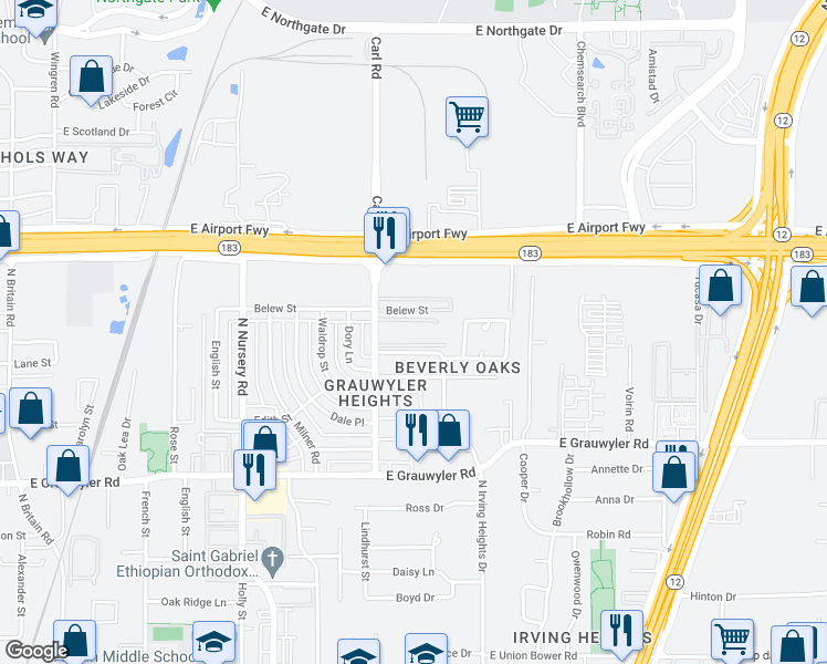 map of restaurants, bars, coffee shops, grocery stores, and more near 1405 Belew Street in Irving
