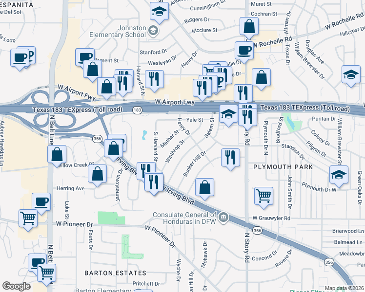 map of restaurants, bars, coffee shops, grocery stores, and more near 2044 Mather Street in Irving