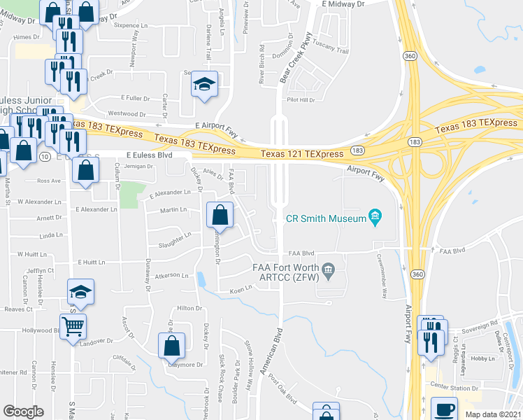 map of restaurants, bars, coffee shops, grocery stores, and more near 4929 Oasis Court in Euless