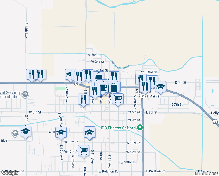 map of restaurants, bars, coffee shops, grocery stores, and more near in Safford