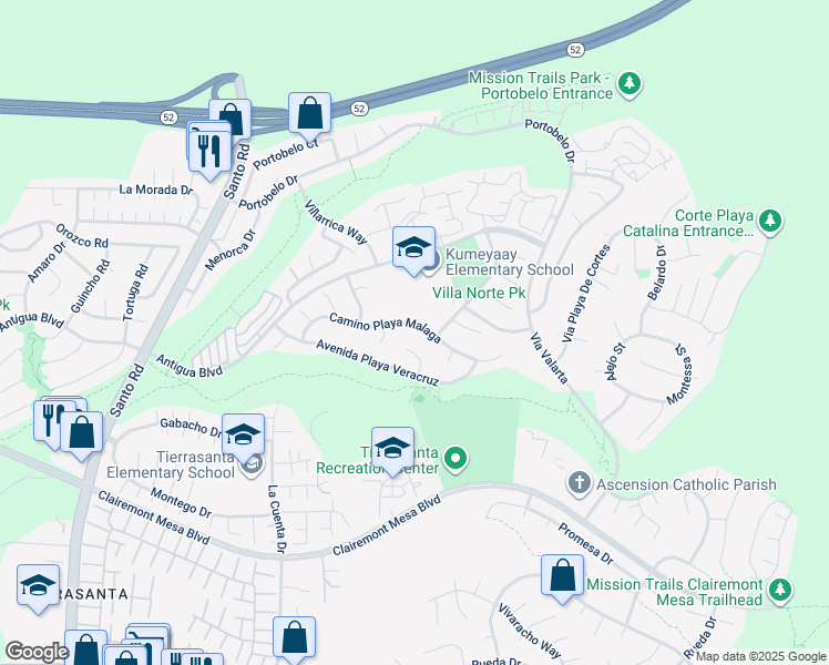 map of restaurants, bars, coffee shops, grocery stores, and more near 5272 Camino Playa Malaga in San Diego