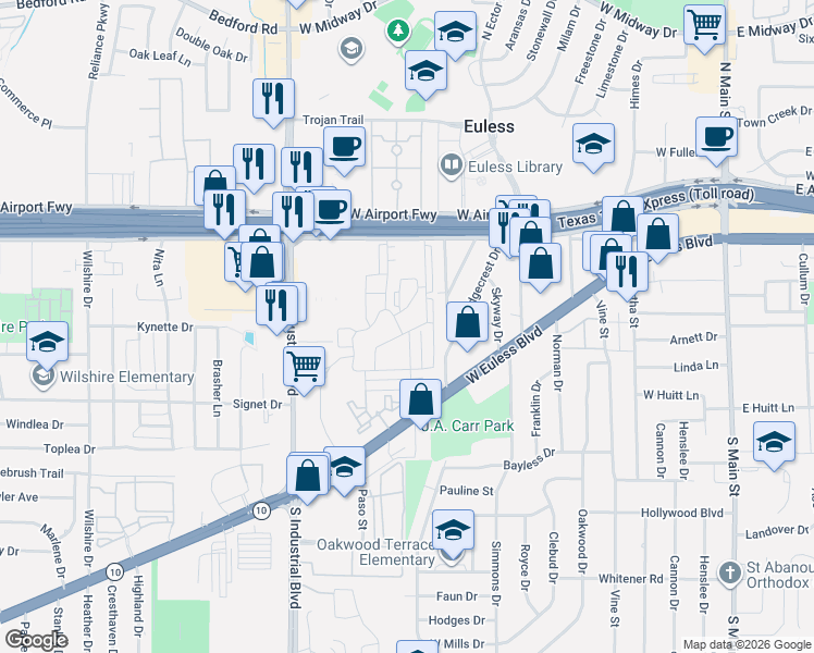 map of restaurants, bars, coffee shops, grocery stores, and more near 810 Adam Way in Euless
