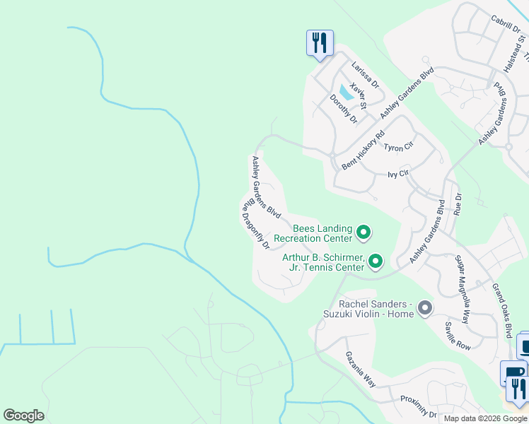 map of restaurants, bars, coffee shops, grocery stores, and more near 1481 Ashley Garden Boulevard in Charleston