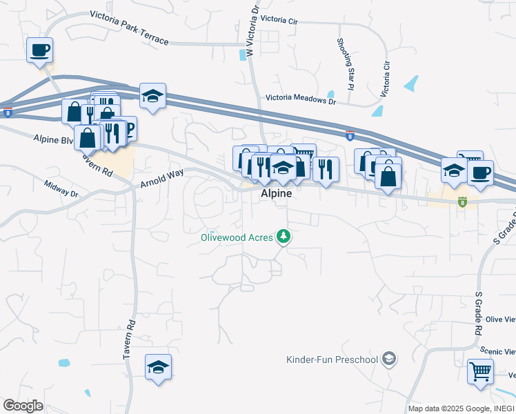 map of restaurants, bars, coffee shops, grocery stores, and more near 2157 Arnold Way in Alpine