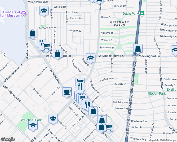 map of restaurants, bars, coffee shops, grocery stores, and more near 6353 Oriole Drive in Dallas