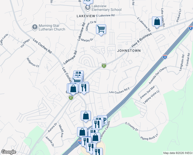 map of restaurants, bars, coffee shops, grocery stores, and more near 13424 Highway 8 Business in Lakeside