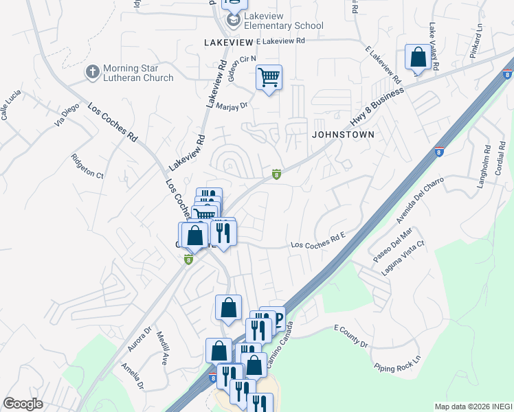map of restaurants, bars, coffee shops, grocery stores, and more near 13300 Los Coches Road East in El Cajon
