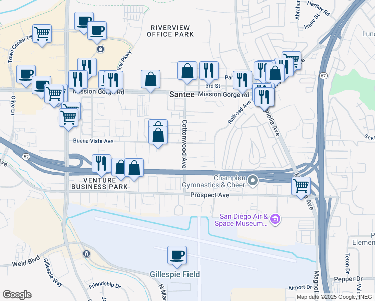 map of restaurants, bars, coffee shops, grocery stores, and more near 8749 Cottonwood Avenue in Santee