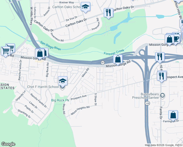 map of restaurants, bars, coffee shops, grocery stores, and more near 8755 Mesa Road in Santee