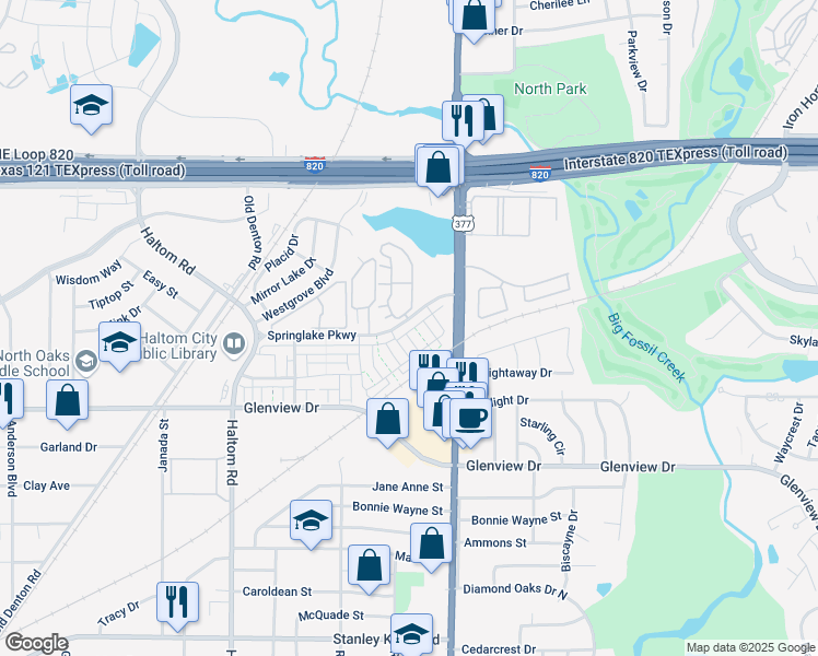 map of restaurants, bars, coffee shops, grocery stores, and more near 5301 Springlake Parkway in Haltom City