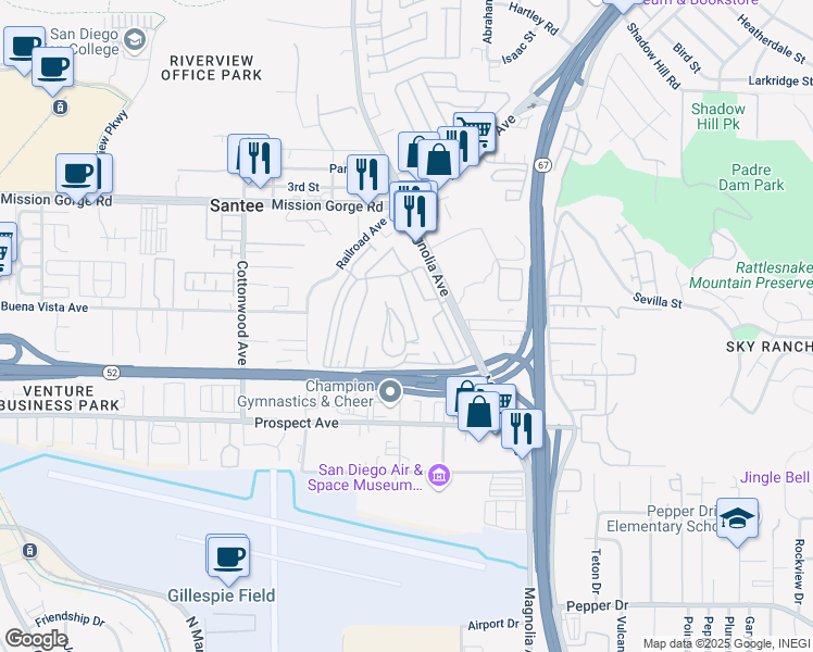 map of restaurants, bars, coffee shops, grocery stores, and more near 8712 Magnolia Avenue in Santee