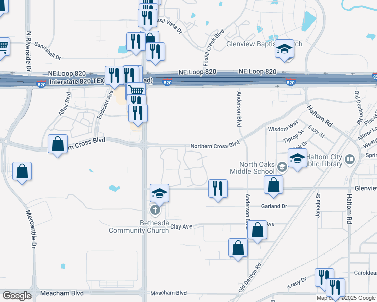 map of restaurants, bars, coffee shops, grocery stores, and more near 4200 Northern Cross Boulevard in Haltom City