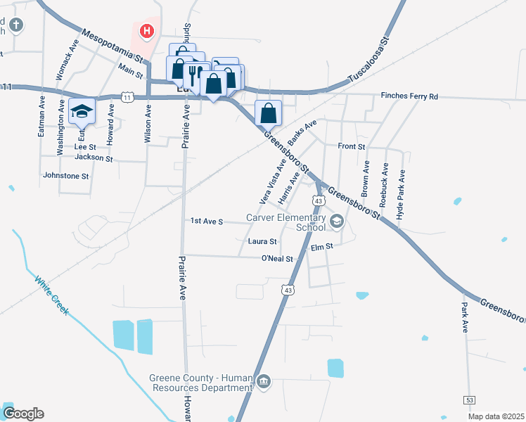 map of restaurants, bars, coffee shops, grocery stores, and more near 200-308 Vera Vista Ave in Eutaw