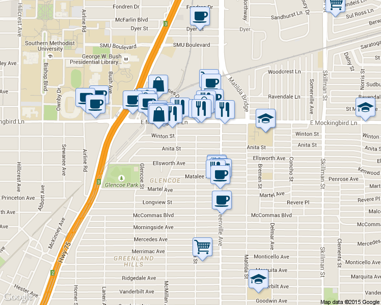 map of restaurants, bars, coffee shops, grocery stores, and more near 5531 Anita Street in Dallas