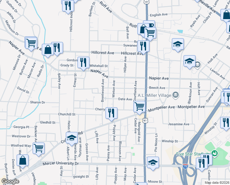 map of restaurants, bars, coffee shops, grocery stores, and more near 1242 Winton Avenue in Macon