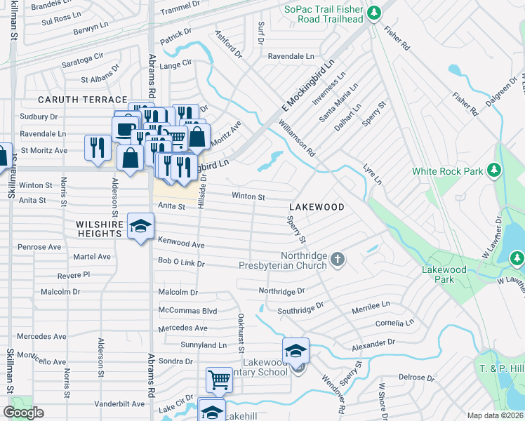map of restaurants, bars, coffee shops, grocery stores, and more near 6727 Winton Street in Dallas